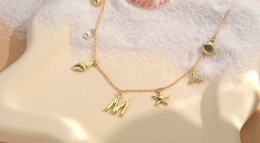 Collier pendentif lettre coquillage plage en acier inoxydable